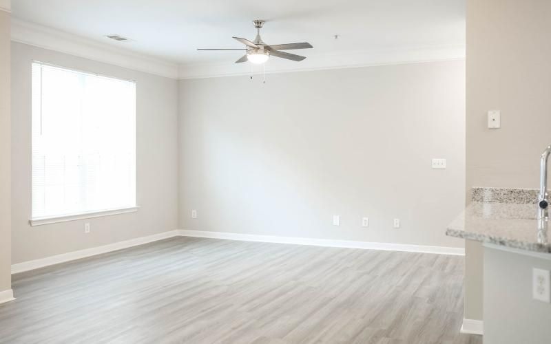 a room with a wood floor and a ceiling fan